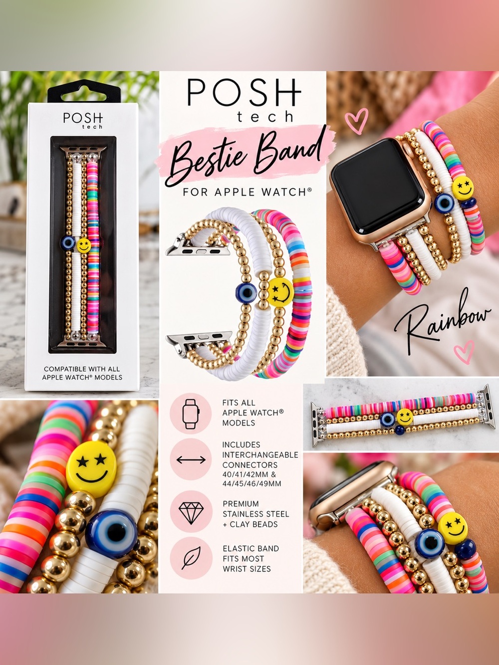 POSH Tech Bestie Rainbow Beaded Apple Watch Band NWT